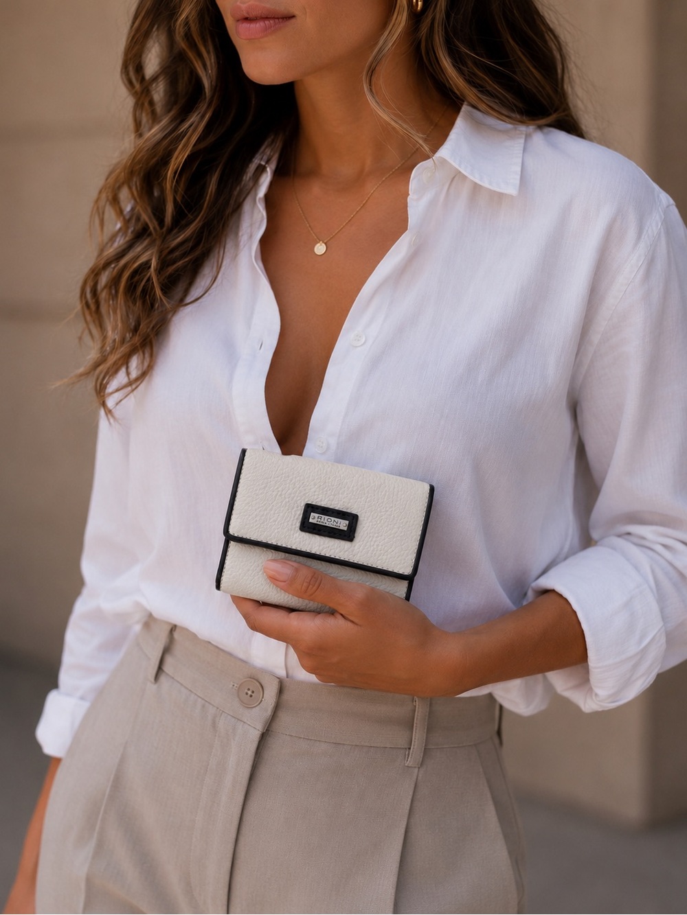 Rioni White Pebbled Leather Wallet with Black Trim